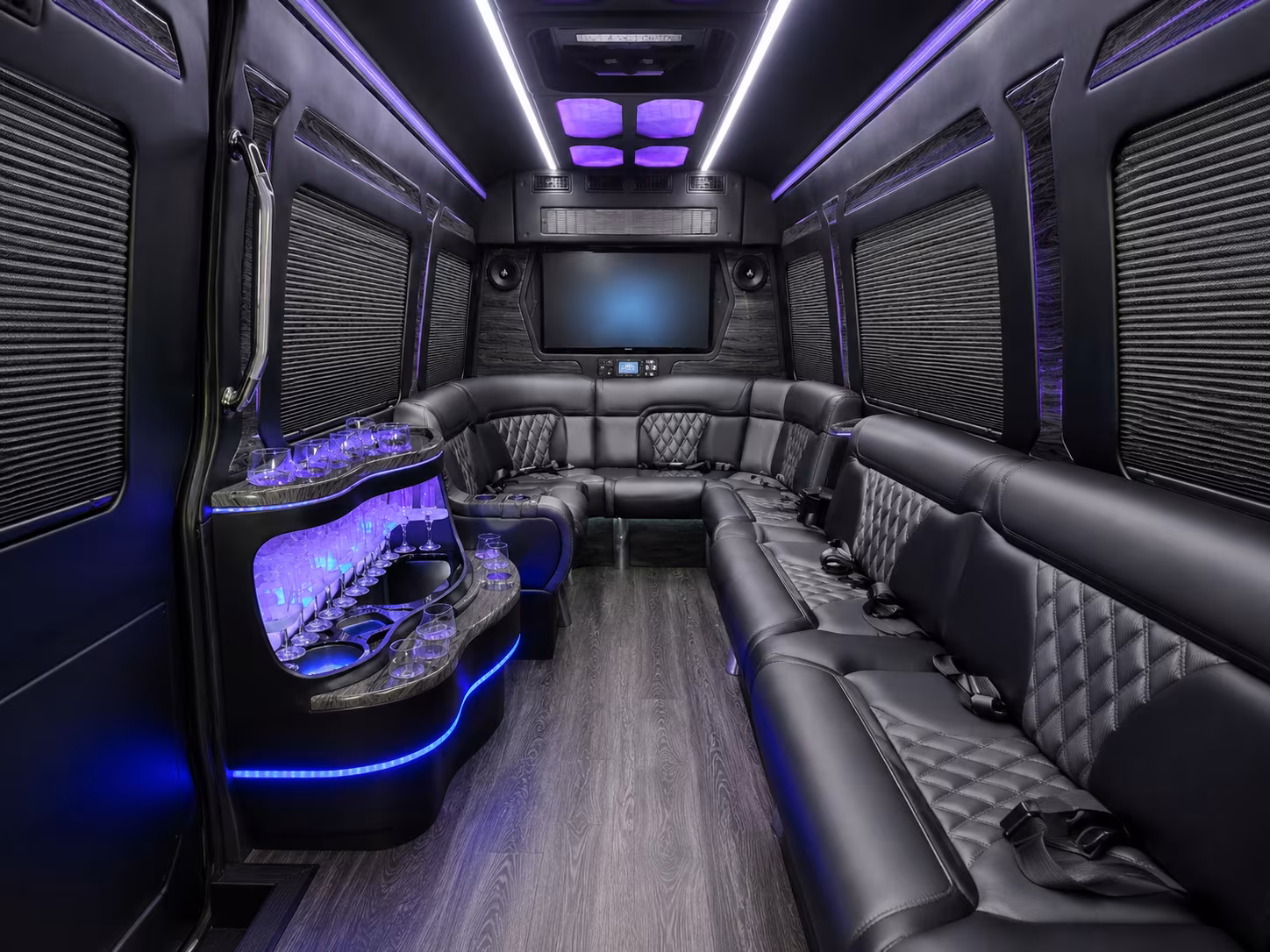 plano 50 passenger party bus inside